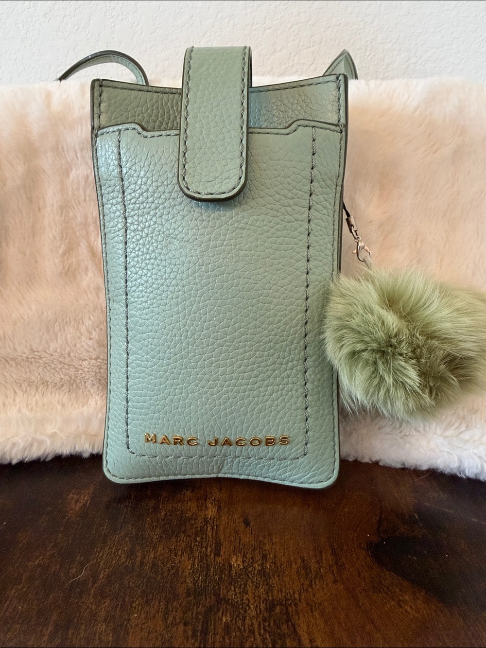 Marc Jacobs Mint Green Pebbled Leather Phone Crossbody with Pom